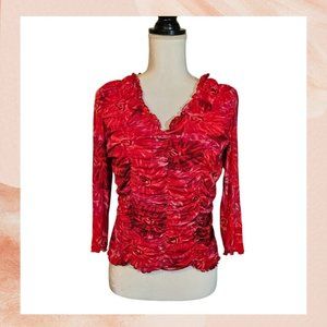 Red Rouched V-Neck 3/4 Sleeve Blouse